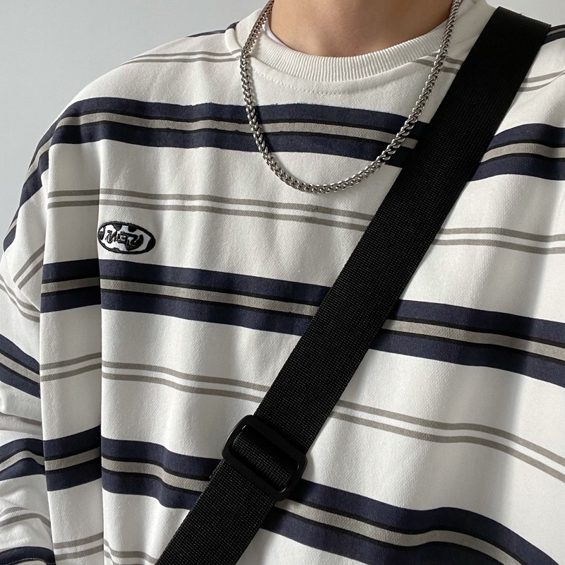 Áo Sweater Tay Dài Dáng Rộng Kẻ Sọc Vải Cotton Kiểu Retro Nhật Bản Thời Trang Cho Nam