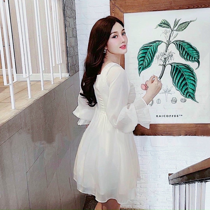Đầm trắng nhúng trước tay dài