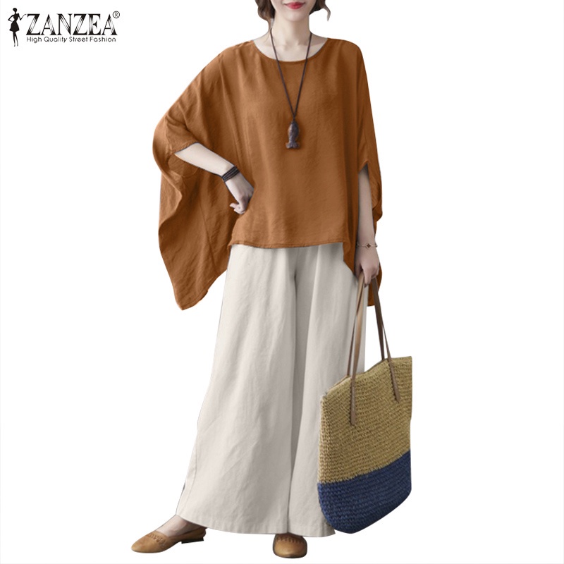 Bộ quần áo ZANZEA thiết kế màu trơn cổ tròn tay cánh dơi với quần ống rộng lưng cao giãn