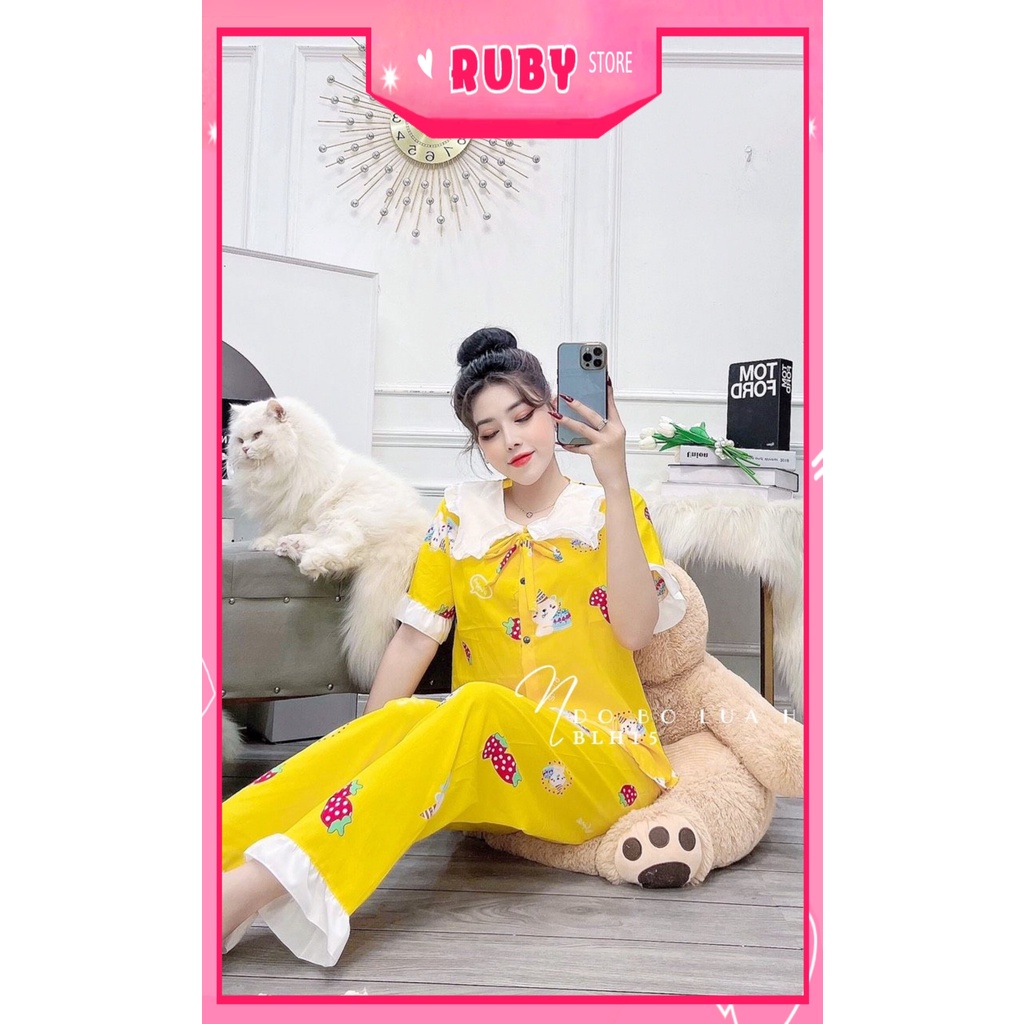 Đồ bộ tiểu thư cho nữ mặc nhà chất kate lụa mềm mát in hình trái dâu hoạt hình dễ thương BLH15