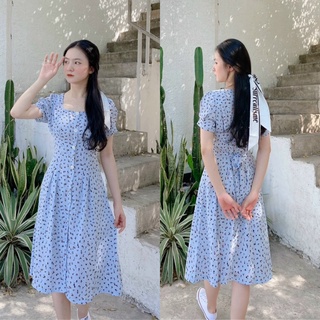 Váy hoa nhí xanh dự tiệc, Đầm hoa nhí vintage xanh biển Cao Cấp dáng xòe nữ tính, tay ngắn khuy ngực - MiNhi