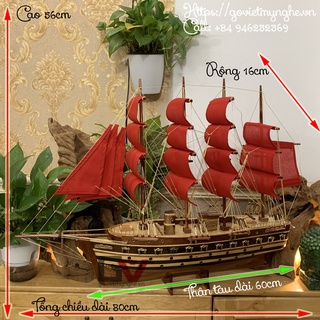 Mô hình tàu thuyền gỗ trang trí phong thủy tàu chiến cổ tên Jylland - Thân tàu dài 60cm - Buồm Đỏ - Gỗ Tự Nhiên