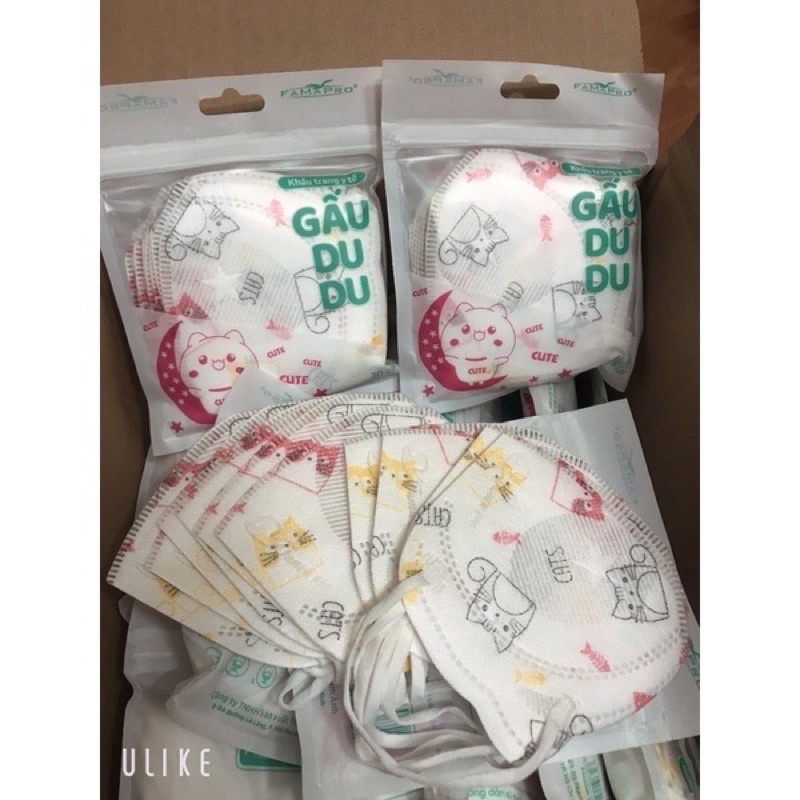 Thùng 500 cái khẩu trang gấu du du Famapro,khẩu trang cho bé Famapro(10 cái/túi)