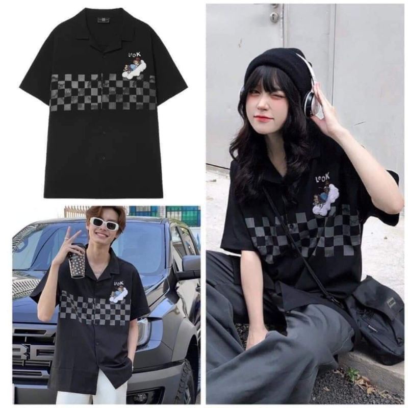Áo Sơ Mi Màu Đen Kẻ Ngực Look Form Rộng Tay Lỡ Unisex