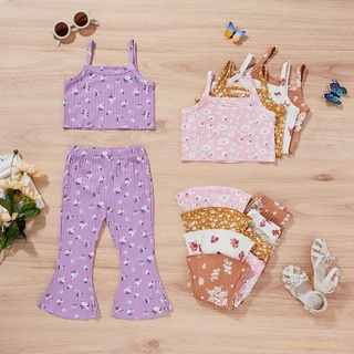 Set Áo Croptop Cổ Vuông Không Tay In Hoa + Quần Ống Loe Thời Trang Cho Bé Gái 