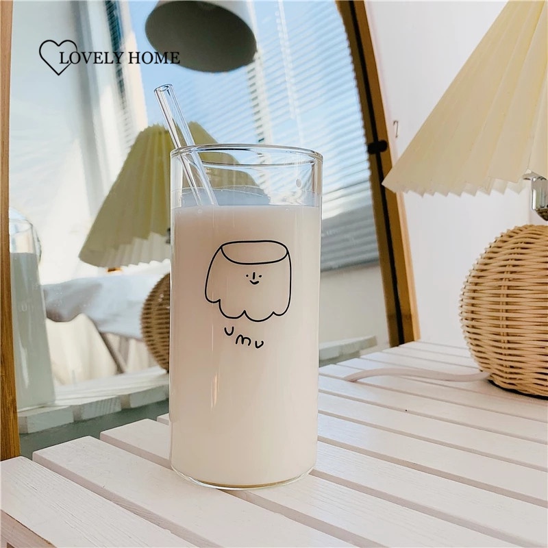 Bộ cốc bằng thủy tinh và ống hút trong suốt/ Tấm lót ly kiểu dáng hoạt hình dễ thương