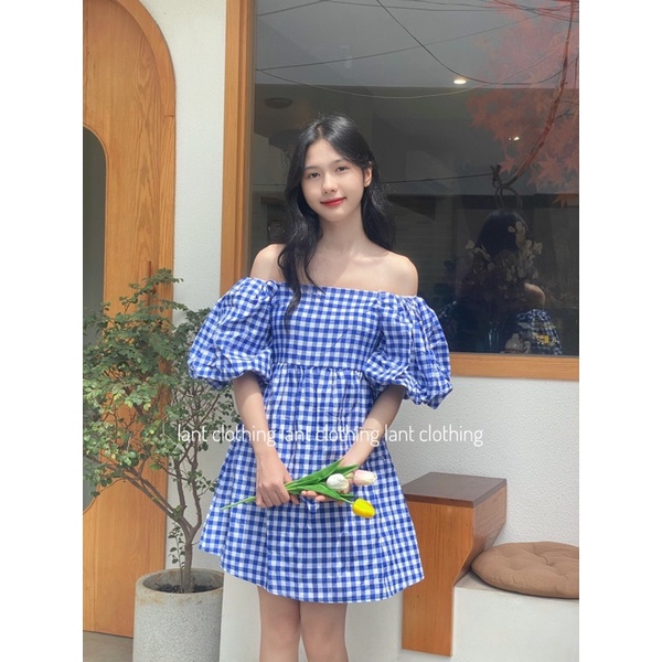 váy trễ vai caro tay bồng( ảnh thật lant.clothing)
