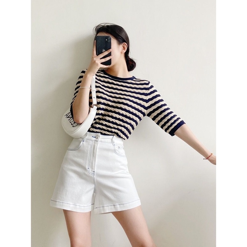 Quần short denim cạp cao ống rộng in chữ phong cách mùa hè cho nữ