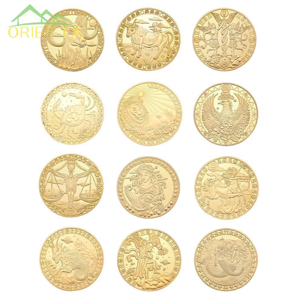 Đồng xu lưu niệm mạ vàng dập nổi họa tiết 12 cung hoàng đạo màu vàng 1.6 inch