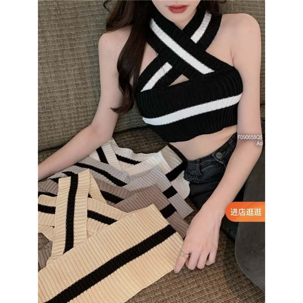 Áo len kiểu croptop phối viền cổ yếm dây bảng to chéo lưng hàng QC!