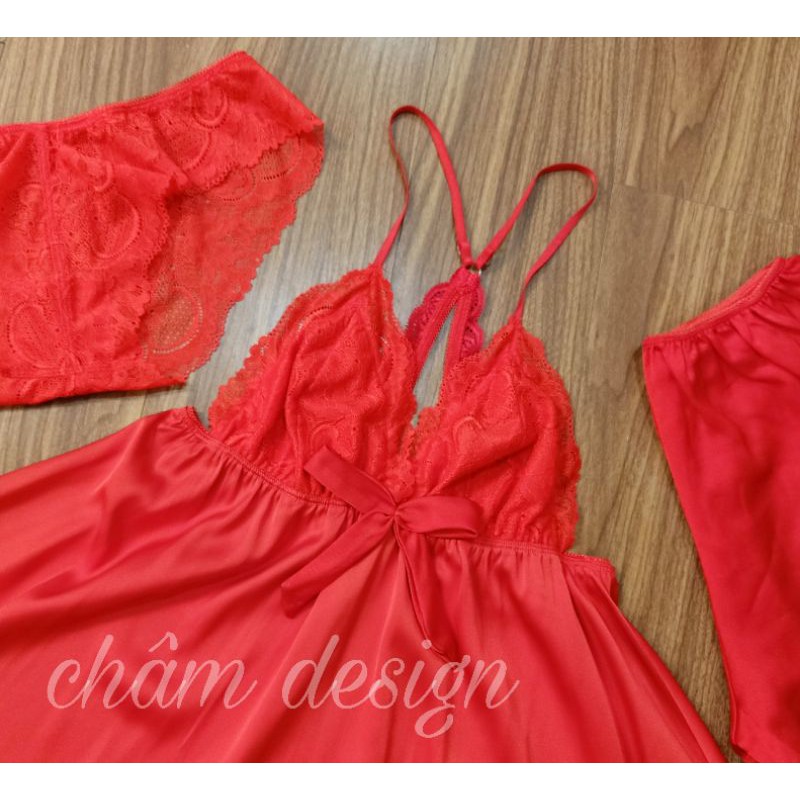 váy ngủ đỏ lụa satin gắn nơ khâu thủ công. Hàng thiết kế độc quyền