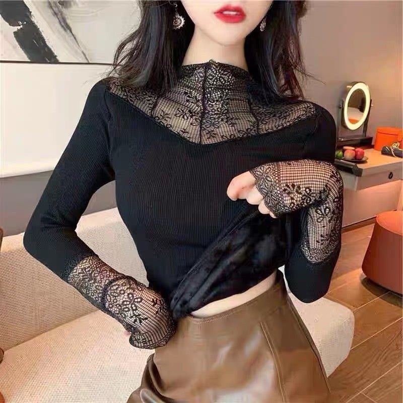 Áo giữ nhiệt lót lông phối cổ ren