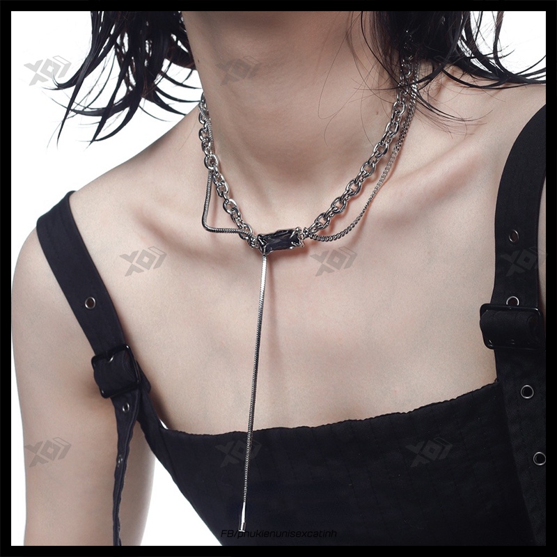 Vòng cổ Mặt Đính Đá Màu Đen Bằng Thép Titan Không Gỉ - Dây Chuyền Nam Nữ Thời Trang Phá Cách