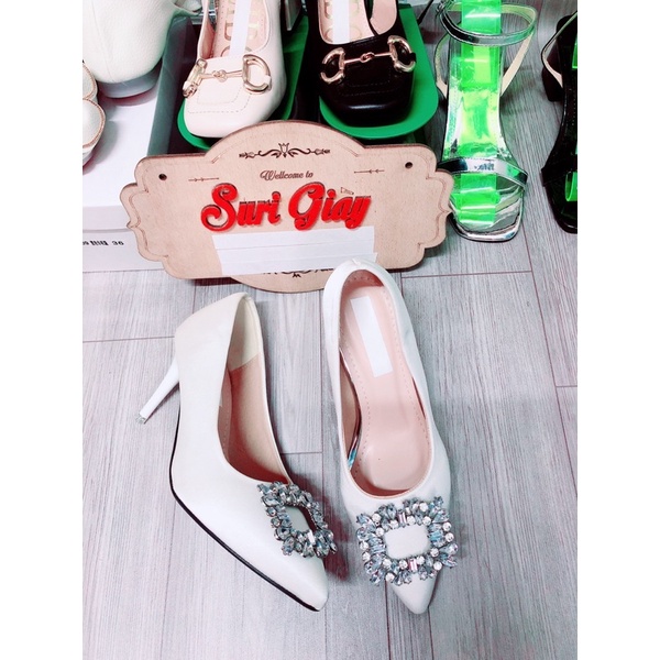 G22 Giày cao gót nữ hoa đá vuông vải lụa cao 7p sang chảnh