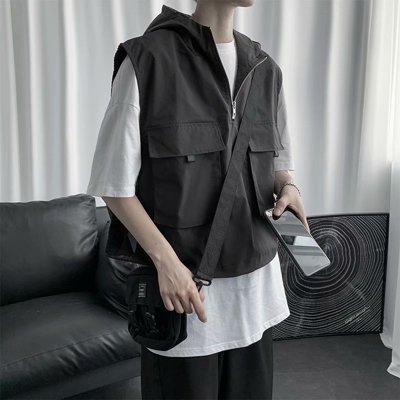 Áo Khoác Đen Không Tay Có Mũ Trùm Đầu Phối Nhiều Túi Phong Cách Đường Phố Cho Nam Và Nữ