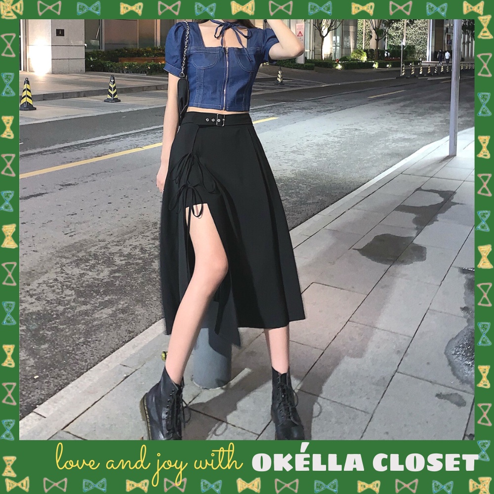 Chân váy xẻ nơ kèm đai dáng quần váy HQ nhẹ nhàng nữ tính Okella
