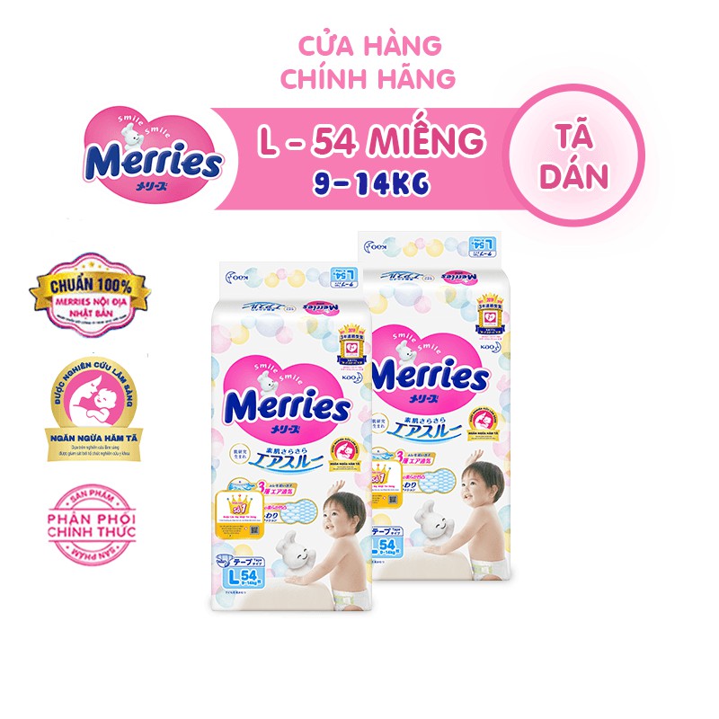 Combo 2 Tã/bỉm dán Merries size L 54 miếng (Cho bé dưới 914 kg)