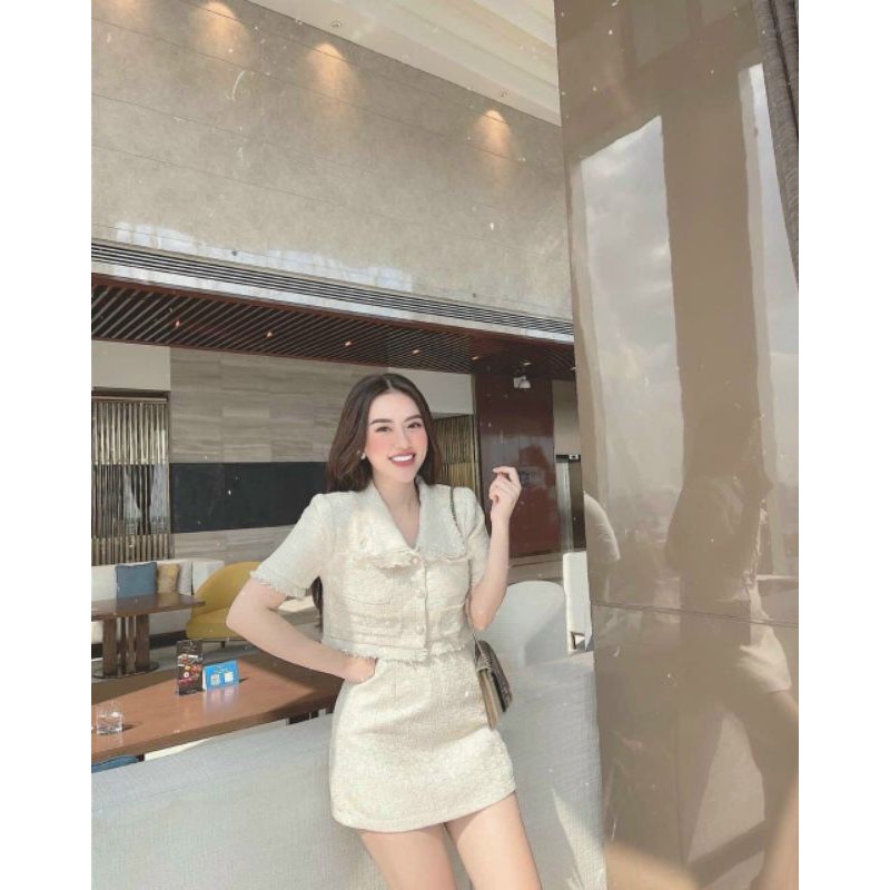 Set dạ tweed nude cúc ngọc sang chảnh, tôn dáng trendy kèm ảnh thật MS803