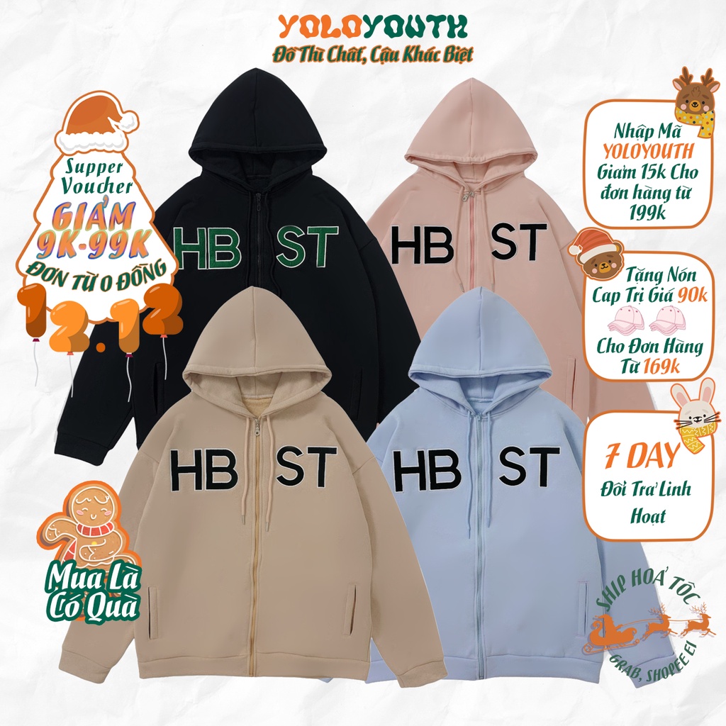 Áo khoác dây kéo 🍩 HBST🍩 nỉ bông thêu dày dặn Unisex nam nữ oversize form rộng pull Ulzzang Streetwear thu đông Hàn Quốc