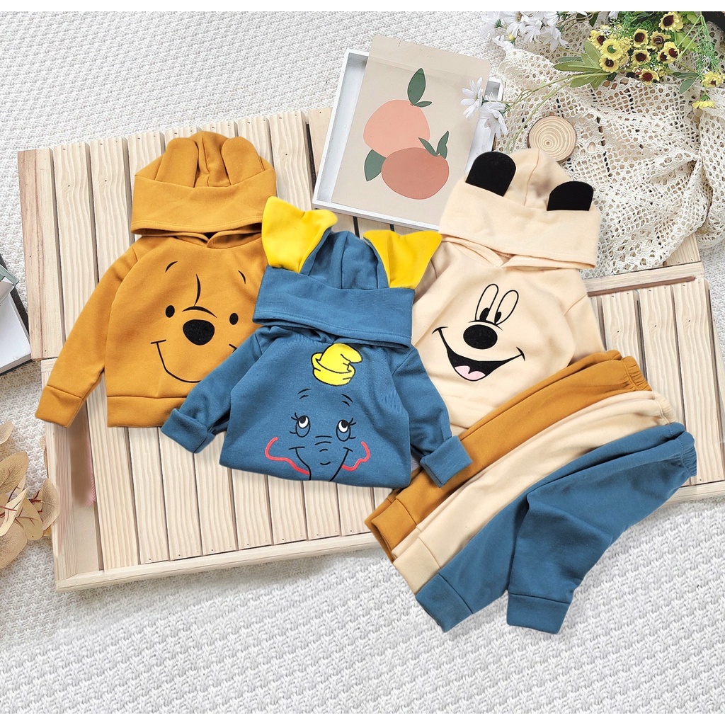 Bộ quần áo nỉ mũ tai thú cho bé trai và bé gái Fuha, bộ đồ họa tiết động vật đáng yêu bé 10kg đến 23kg