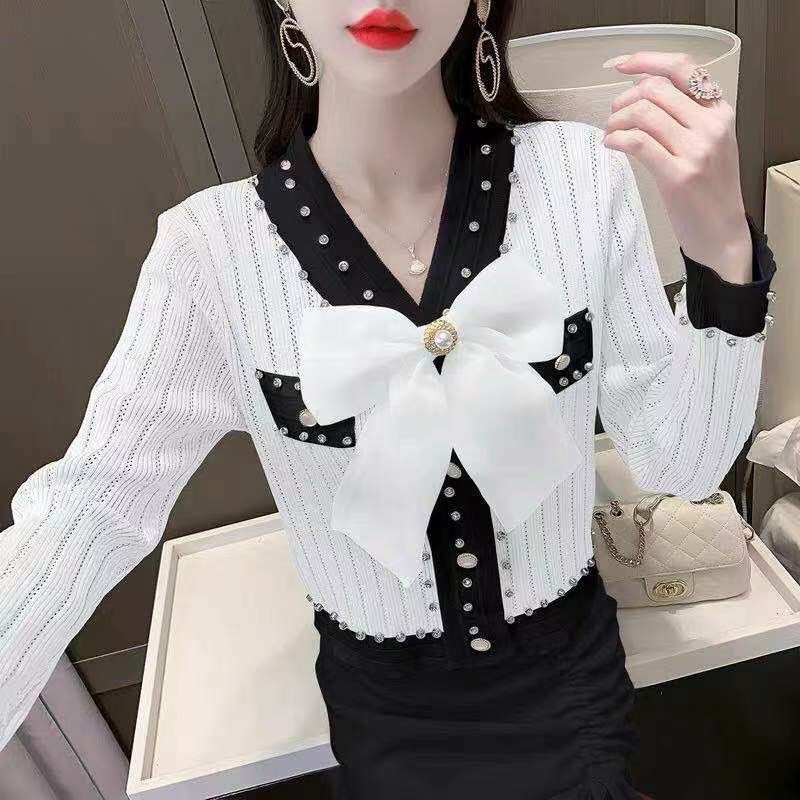 Áo len nơ dài tay đính đá Quảng Châu co dãn thoải mái | BigBuy360 - bigbuy360.vn