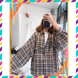 [Mặc Bao Đẹp]Áo sơ mi kẻ caro 4 màu 2 túi lệch dài tay phom rộng unisex/ Áo khoác chống nắng oversize nam nữ kẻ caro