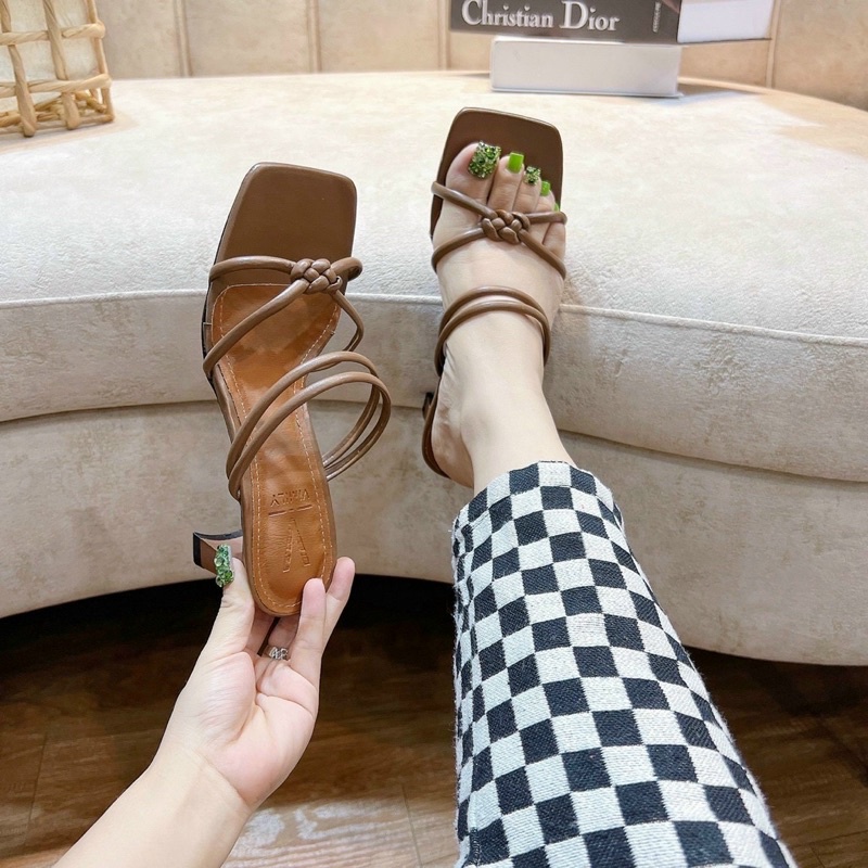 SALE Guốc dây ống đan gút da gót dẹp 5 cm