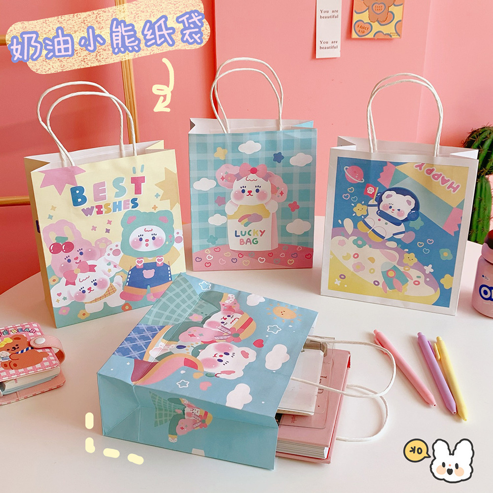 Hàn Quốc trong lưới màu đỏ phim hoạt hình gấu kem túi xách tay túi giấy đóng gói cô gái dễ thương đặt ra túi mua sắm quà tặng