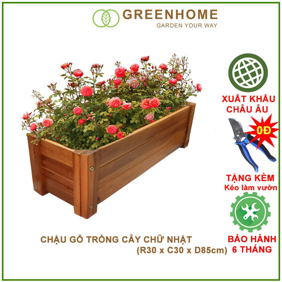 Chậu gỗ trồng cây, chữ nhật, D85xR35xC35cm, gỗ Tràm chịu nước, tặng 2 hộp dưỡng hoa tươi lâu |Greenhome