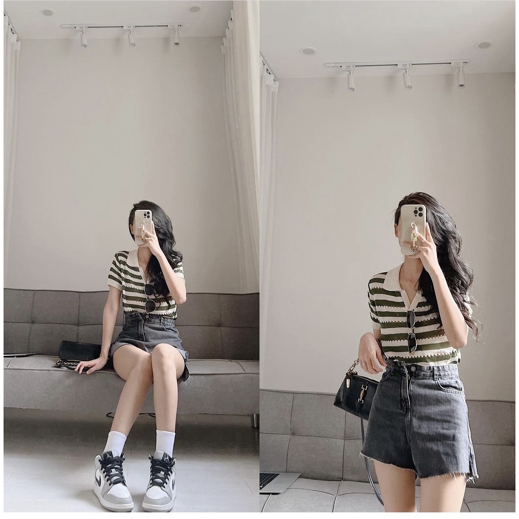 Áo len móc polo cổ V có tay Hàn Quốc 2022