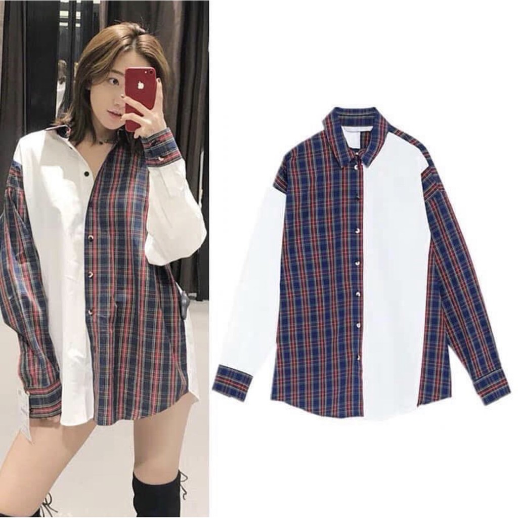 Áo sơ mi phối kẻ so le - hàng dư xịn, form vừa