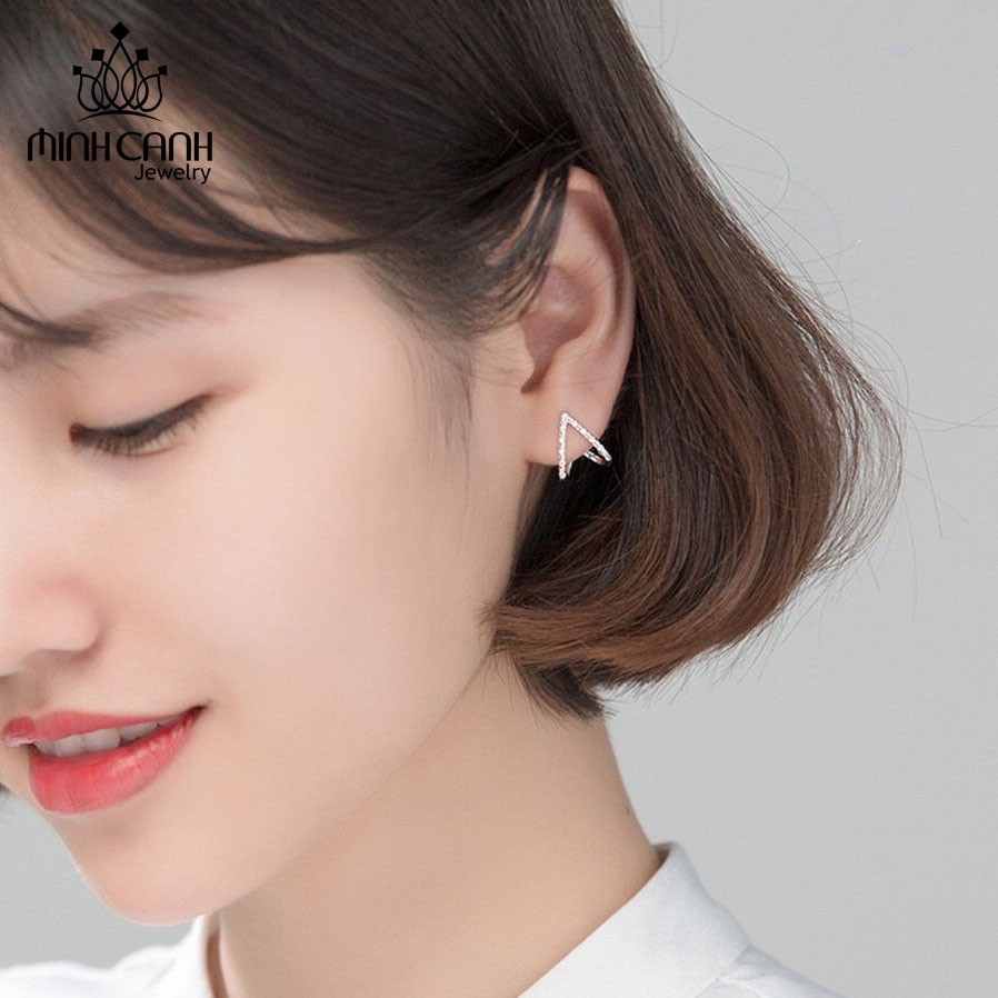Bông Tai Bạc 925 Minh Canh Jewelry Chữ V Đính Đá Nhỏ Xinh Xắn