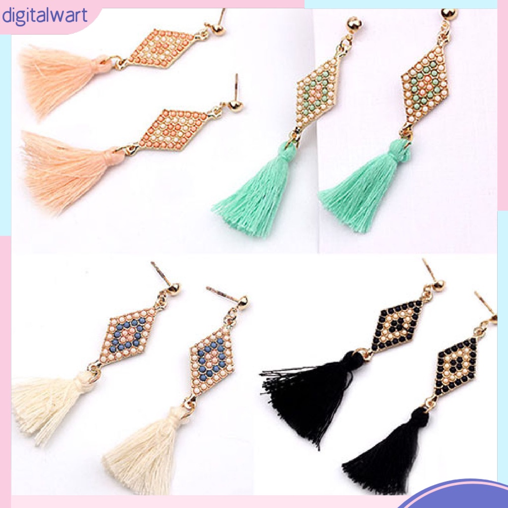 Cặp khuyên tai hình thoi đính đá phối bông tua rua cá tính sang trọng dành cho nữ