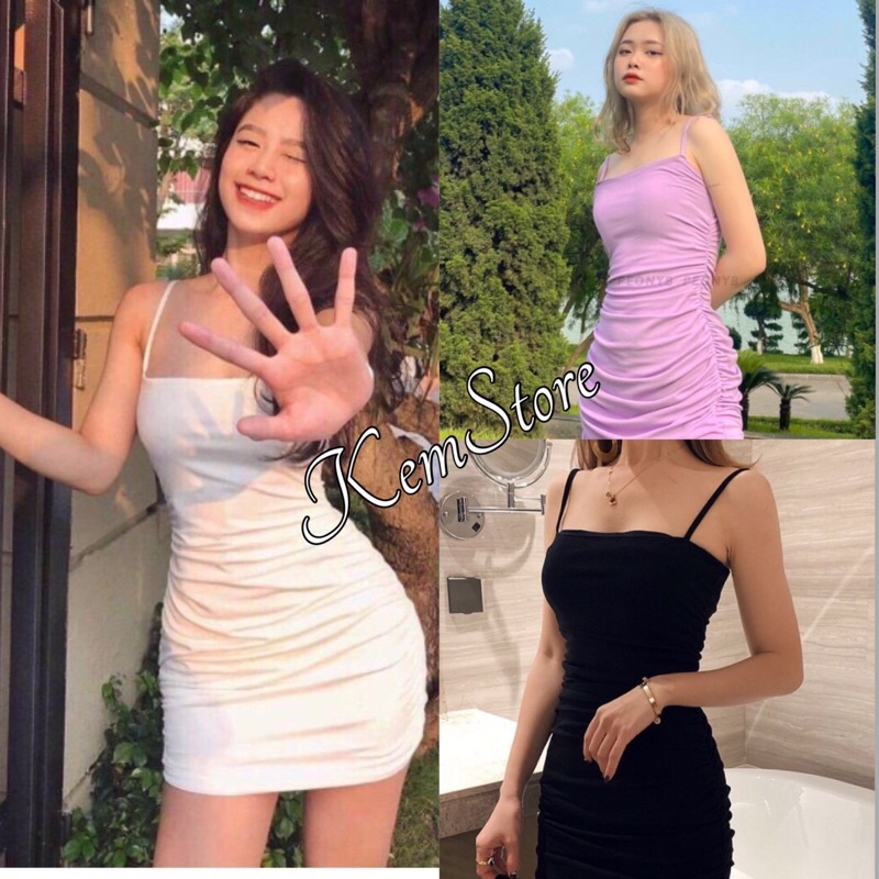 Váy Body 2 Dây Dúm Eo Nữ, 🌺 KemStore 🌺, Đầm Trơn Dáng Ôm Co Giãn , Váy 3 Màu ĐEN TRẮNG TÍM
