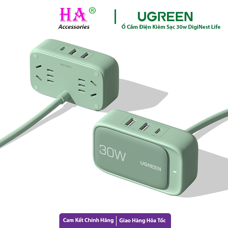 Củ Sạc Ugreen 30W DigiNest Life 3 cổng, 2C 1A CD280 kiêm 2 ổ cắm điện 220v