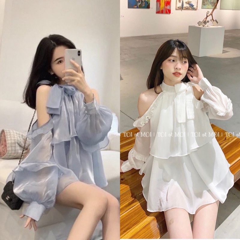 Set áo yếm voan tơ rớt vai thắt nơ cổ xanh kèm quần shorts trắng