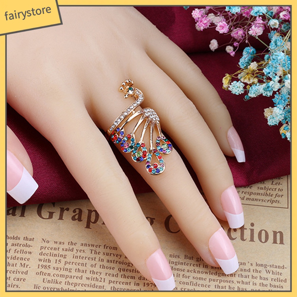 Nhẫn mạ vàng hình chim công đính đá phong cách retro thời trang