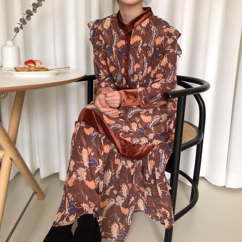 Đầm vintage hiện đại hoạ tiết phối nhung - Đầm đầm hoa dáng dài Hàn Quốc