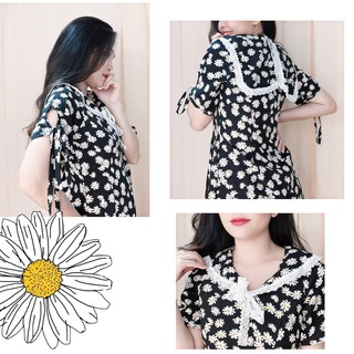 ( HOT ) Đầm Hoa cúc suông lụa hoa cổ sen phối ren
