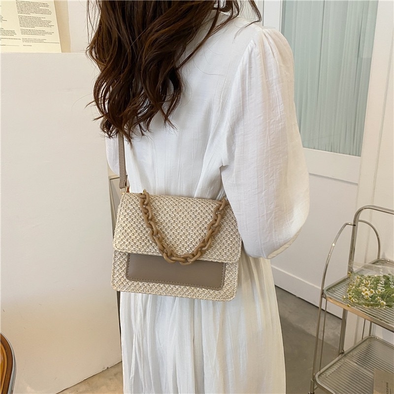 Túi Cói Đeo Chéo Hình Vuông Nhỏ Đính Ngọc Trai NB00242