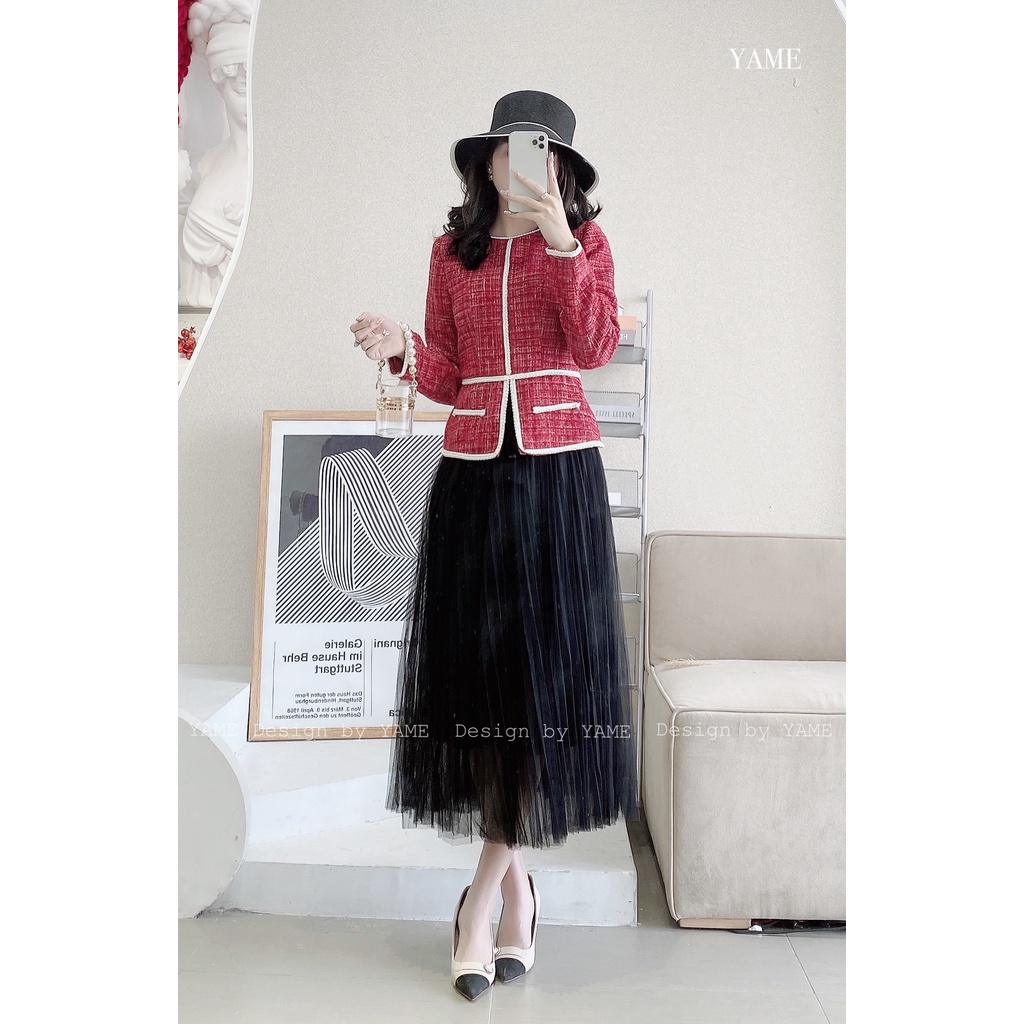 Set áo vest dạ chiết eo chân váy ren xoè nhiều lớp màu nâu be, đen, đỏ Kaylin YAME