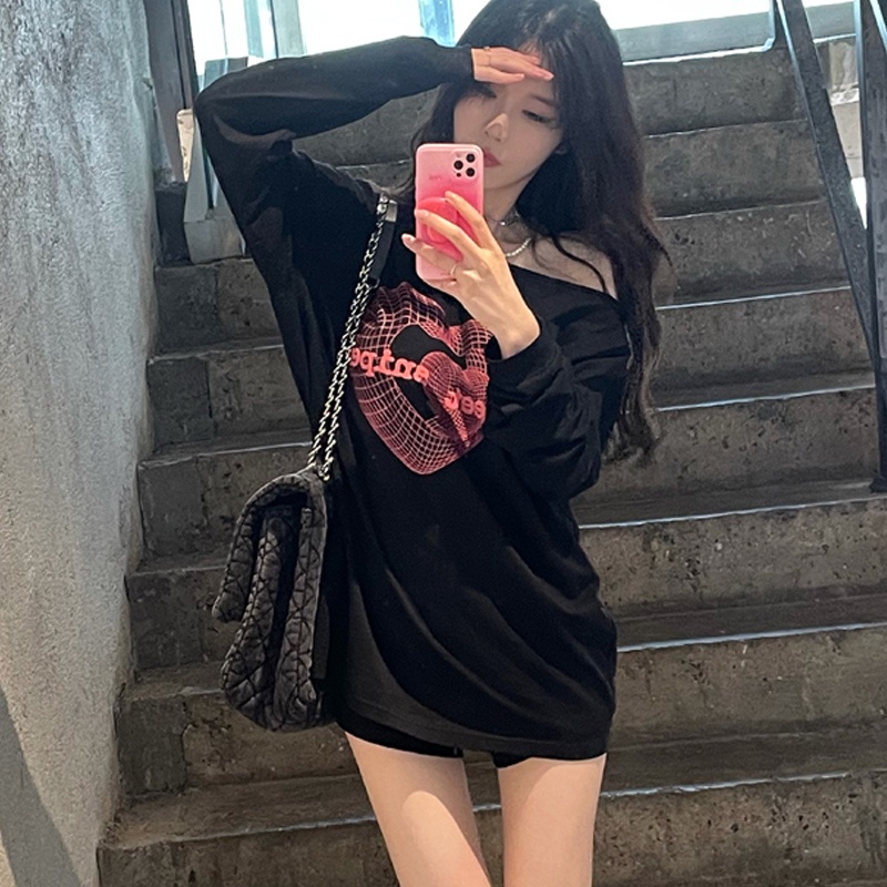 Áo thun dài tay trễ vai in họa tiết phong cách Hàn Quốc thời trang dành cho nữ | BigBuy360 - bigbuy360.vn