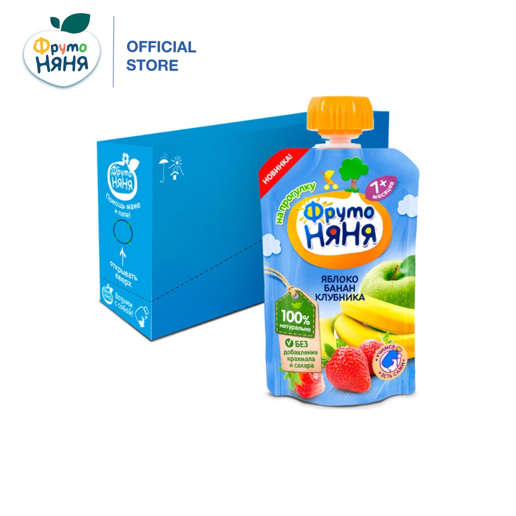 Thùng 12 Gói Trái cây nghiền vị táo, chuối và dâu tây Fruto Nyanya 90g/gói