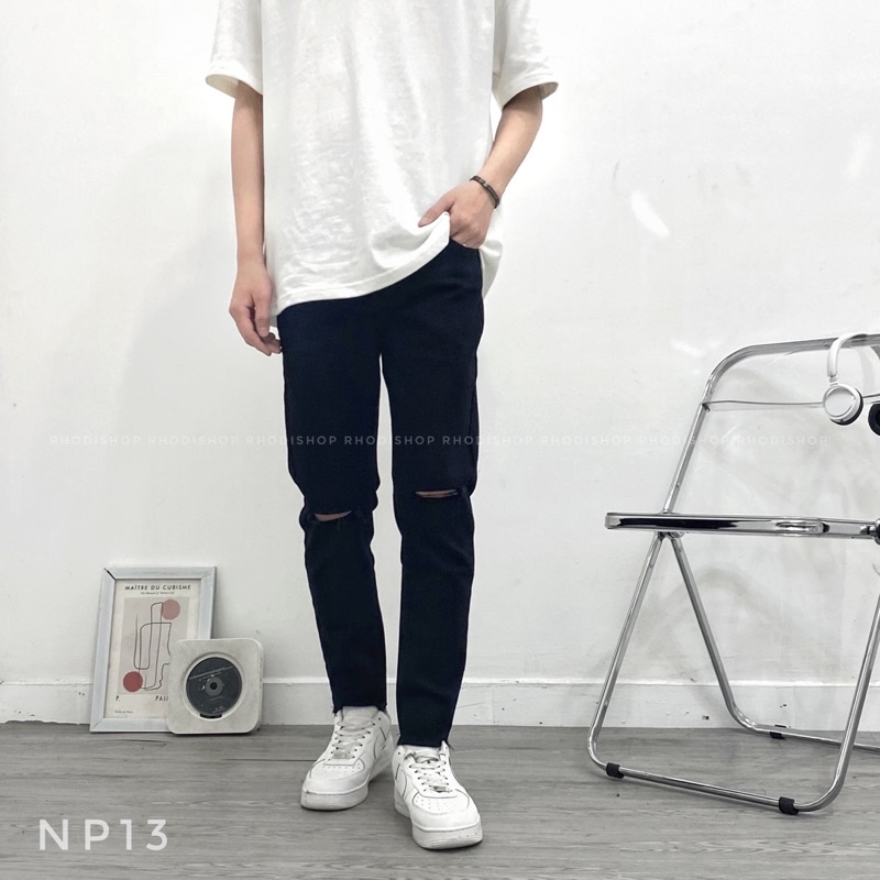 Quần Jeans Nam Đen Trơn &amp; Rách RHODISHOP