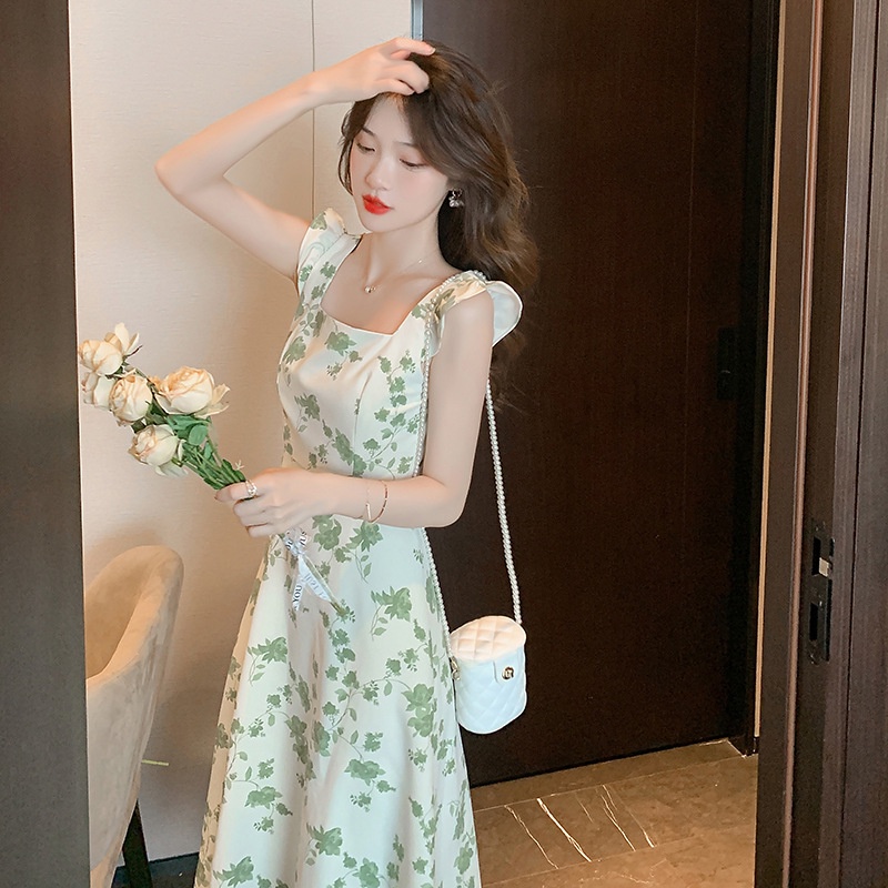 Đầm Chữ a Dáng Ôm Tay Cánh Tiên Cổ Vuông Họa Tiết Hoa Phong Cách Pháp Thời Trang Mùa Hè 2022 Dành Cho Nữ