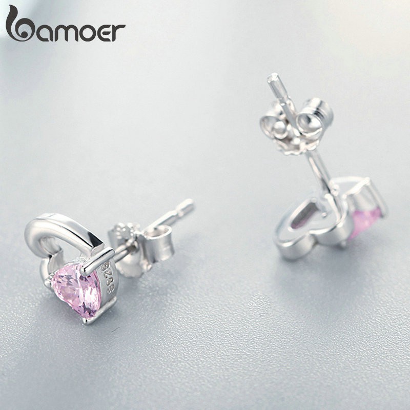 Đôi Bông Tai Bamoer SCE090 Hình Trái Tim Đính Đá CZ Thời Trang Thanh Lịch Cho Nữ