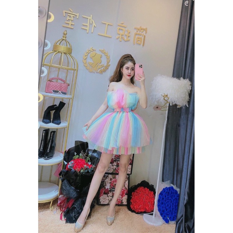 đầm cúp phối màu eo nơ