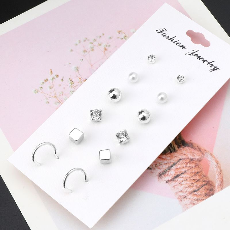 Set 6 đôi khuyên tai tròn đính ngọc trai giả thời trang nữ