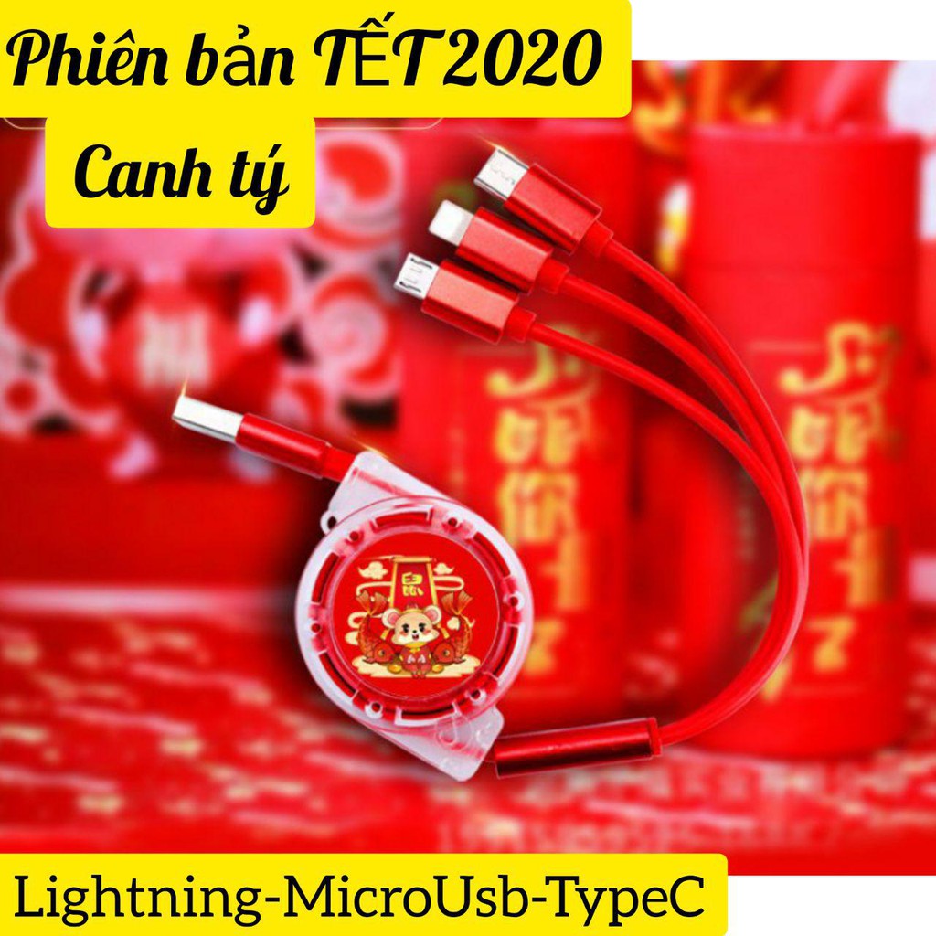 Cáp sạc điện thoại 3 đầu Lightning - Micro Usb - Type C đa năng dây rút dài 1m - tiện lợi PHIÊN BẢN TẾT 2020 CANH TÝ