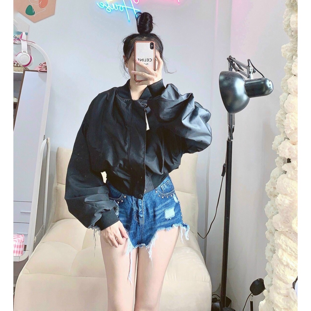 Áo Khoác Nữ MODU Vải Dù Mero 2 lớp Kiểu Croptop Phối Tay Phồng Phong Cách Dịu Dàng Cá Tính Hot Trend Mới